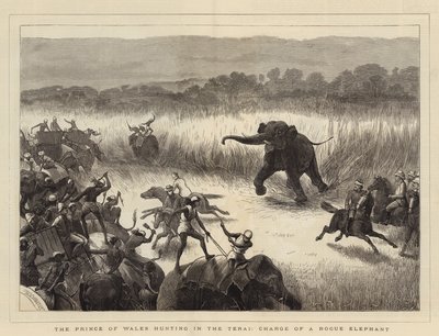 De Prins van Wales op jacht in de Terai, aanval van een wilde olifant door Samuel Edmund Waller